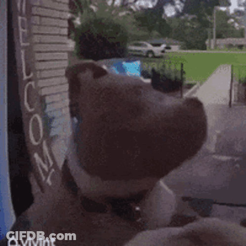 A Welcome Sign Is Hanging On A Brick Building GIF