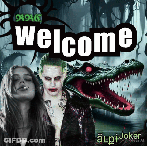 A Welcome Sign With A Joker And A Woman Smoking A Cigarette GIF