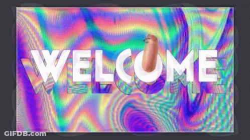 A Welcome Sign With A Rainbow Background GIF