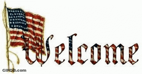 A Welcome Sign With An American Flag On A White Background GIF