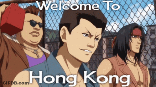 A Welcome To Hong Kong Poster With Three Men GIF