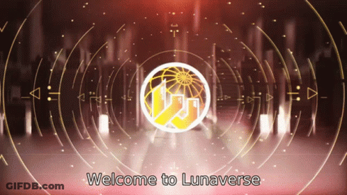 A Welcome To Lunaverse Advertisement With A Globe In The Center GIF