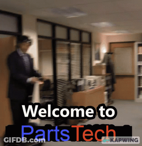A Welcome To Parts Tech Sign With A Blurry Image GIF