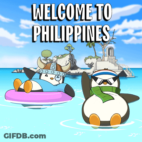 A Welcome To Philippines Sign With Two Penguins GIF