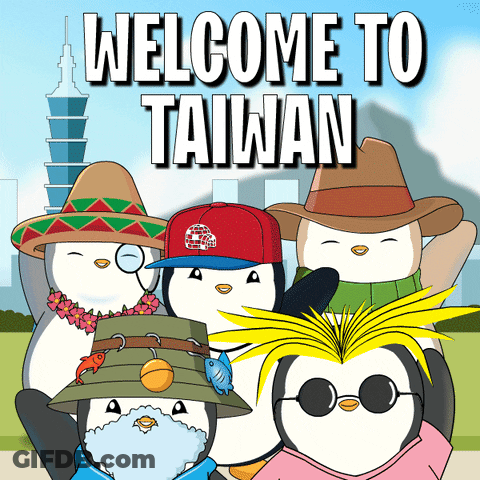 A Welcome To Taiwan Poster With Penguins Wearing Hats And Scarves GIF