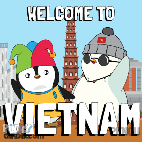 A Welcome To Vietnam Poster With Two Penguins In Front Of A Pagoda GIF