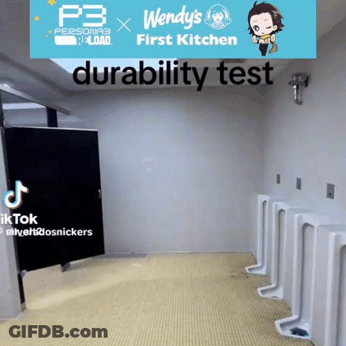 A Wendy 'S First Kitchen Durability Test Is Being Performed In A Public Restroom GIF