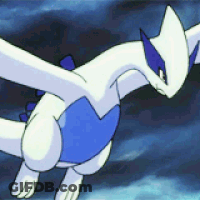 A White And Blue Pokemon With Wings Is Flying In The Air GIF