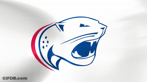 A White Background With A Blue And Red Panther Logo GIF
