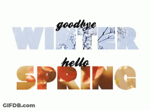 A White Background With The Words Goodbye Winter Hello Spring GIF