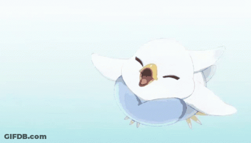 A White Bird With Green Eyes Is Floating On A Blue Ring GIF