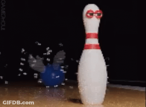 A White Bowling Pin With Red Stripes And Glasses On It GIF
