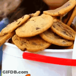 A White Bucket Filled With Chocolate Chip Cookies With A Red Handle GIF