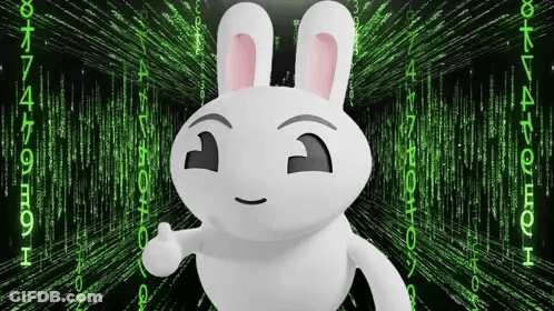 A White Bunny Is Giving A Thumbs Up In Front Of A Matrix Background GIF