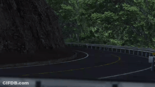 A White Car Is Driving Down A Curvy Road With Trees On The Side GIF