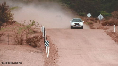 A White Car Is Driving Down A Dirt Road With A Sign That Says ' A ' On It GIF
