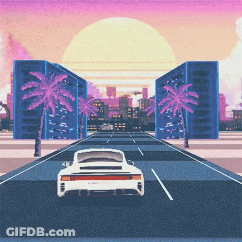 A White Car Is Driving Down A Street With Palm Trees And Buildings In The Background GIF