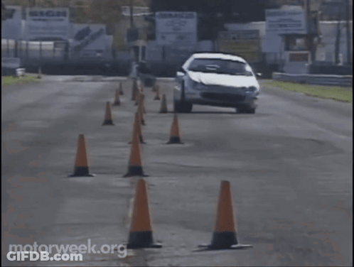 A White Car Is Driving Through A Row Of Orange Traffic Cones With Motorweek.org Written On The Bottom Right GIF