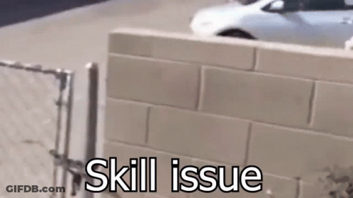 A White Car Is Parked Behind A Brick Wall With The Words Skill Issue Below It GIF