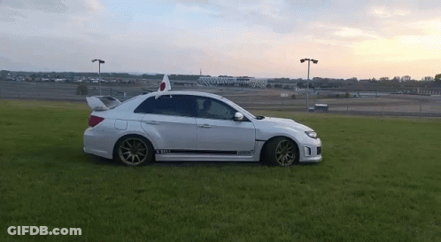 A White Car Is Parked In A Grassy Field With A Flag On Top GIF