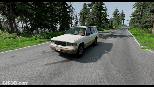 A White Car With A License Plate That Says ' Nc ' On It Is Driving Down A Road Surrounded By Trees GIF
