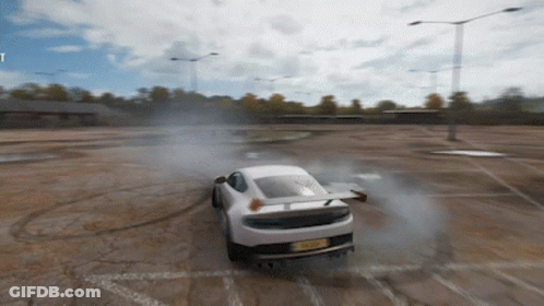 A White Car With A License Plate That Says Rx08 Is Drifting On A Dirt Road GIF