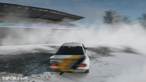 A White Car With A Yellow Stripe On The Side Is Driving Through The Snow GIF