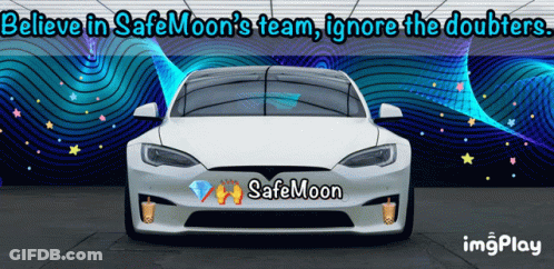 A White Car With Safemoon Written On The Front Of It GIF