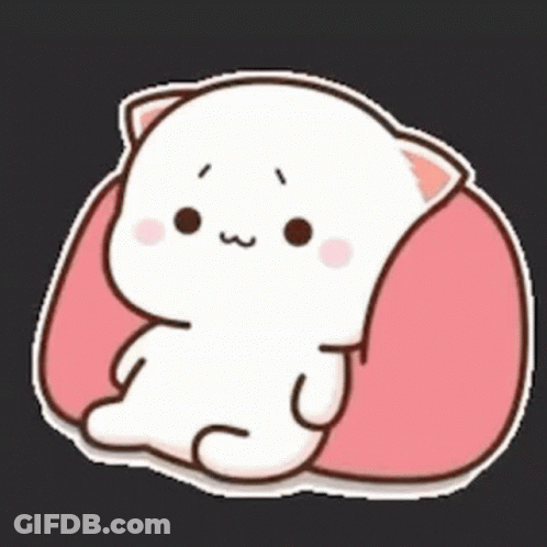 A White Cartoon Cat Is Sitting On A Pink Pillow . GIF