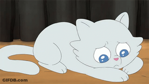 A White Cartoon Cat With Blue Eyes Is Laying On The Floor GIF