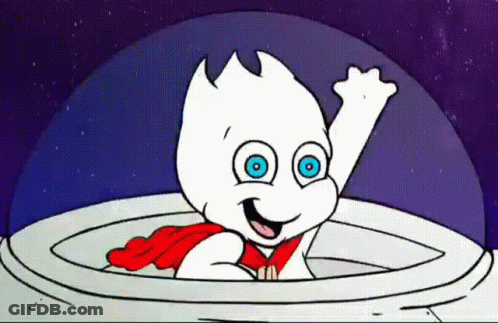 A White Cartoon Character With Blue Eyes And A Red Cape Waving GIF