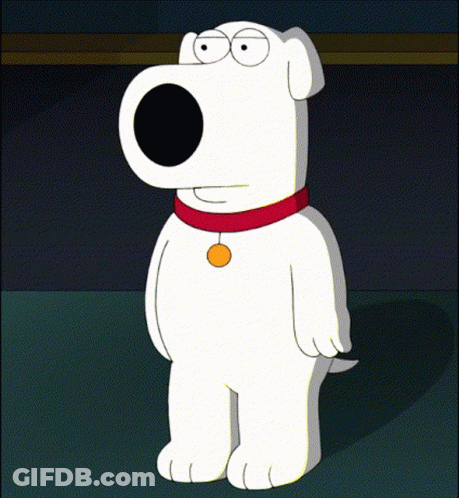 A White Cartoon Dog With A Red Collar And A Yellow Tag Around His Neck GIF