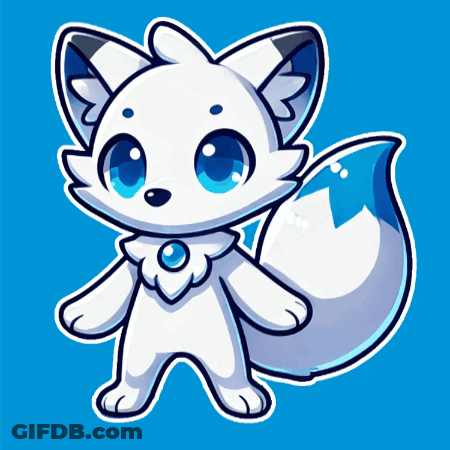 A White Cartoon Fox With Blue Eyes And A Blue Tail GIF