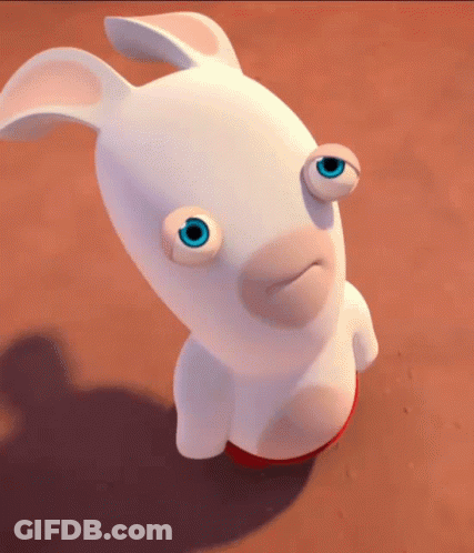 A White Cartoon Rabbit With Blue Eyes Looks Up At The Camera GIF