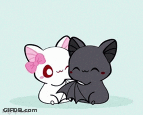 A White Cat And A Black Bat With A Heart Above Them GIF