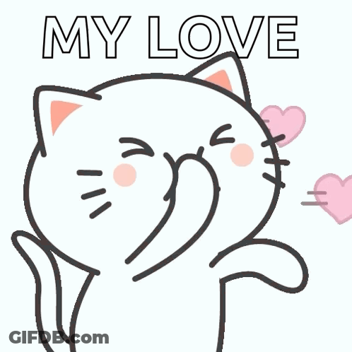 A White Cat Is Blowing A Kiss With Pink Hearts Coming Out Of It 'S Mouth GIF