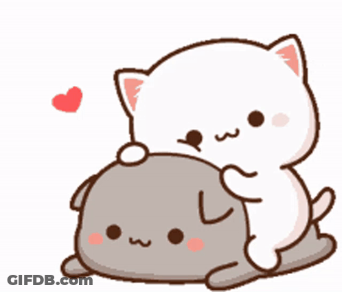 A White Cat Is Holding A Gray Cat On Top Of A Pillow With A Heart In The Background . GIF