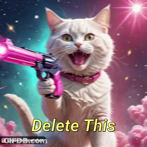 A White Cat Is Holding A Pink Gun With The Words Delete This Above It GIF