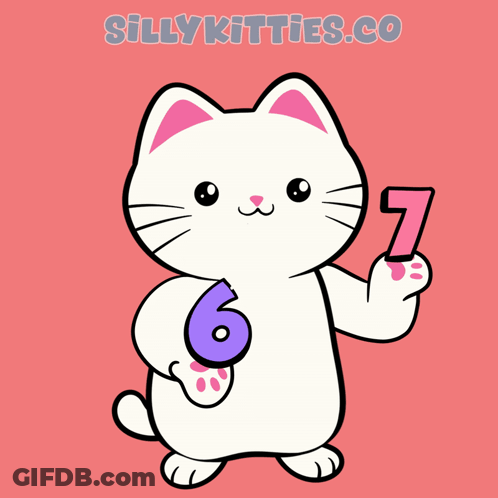 A White Cat Is Holding A Purple Number 6 And A Pink Number 7 GIF