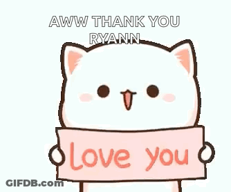 A White Cat Is Holding A Sign That Says `` Love You '' . GIF