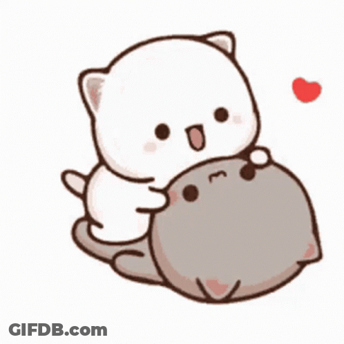 A White Cat Is Hugging A Gray Cat . GIF