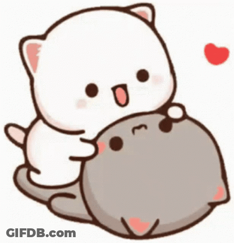 A White Cat Is Hugging A Gray Cat With A Heart . GIF