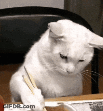 A White Cat Is Sitting At A Table With A Pen In Its Paw GIF