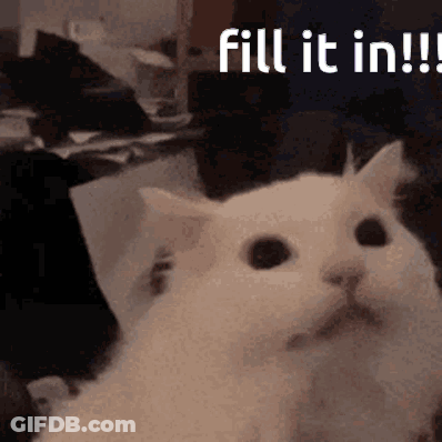 A White Cat Is Sitting In Front Of A Table With The Words `` Fill It In ! '' Written On It . GIF