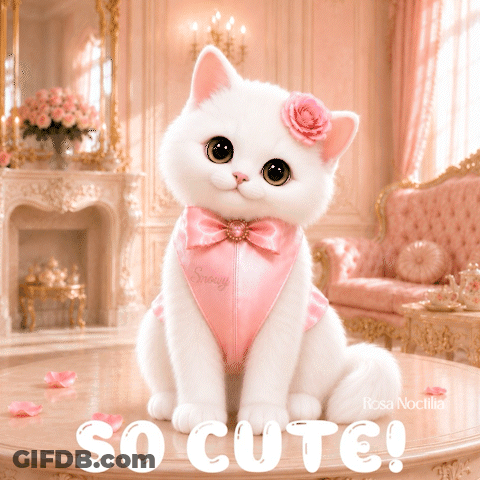 A White Cat Is Sitting On A Table With The Words So Cute Written Below It GIF
