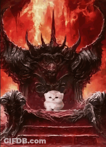 A White Cat Is Sitting On A Throne In Front Of A Demon With Horns GIF
