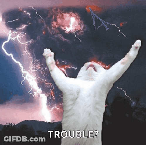 A White Cat Is Standing In Front Of A Lightning Storm With The Word Trouble Written Below It GIF
