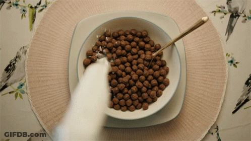A White Cat Reaches Into A Bowl Of Cereal With A Spoon GIF