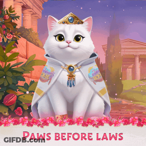 A White Cat Wearing A Cape With Paws Before Laws On It GIF