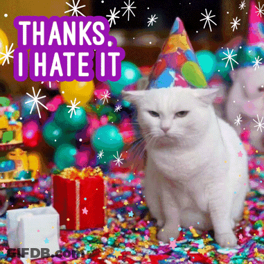 A White Cat Wearing A Party Hat Is Surrounded By Confetti And Balloons With The Words Thanks I Hate It Above It GIF